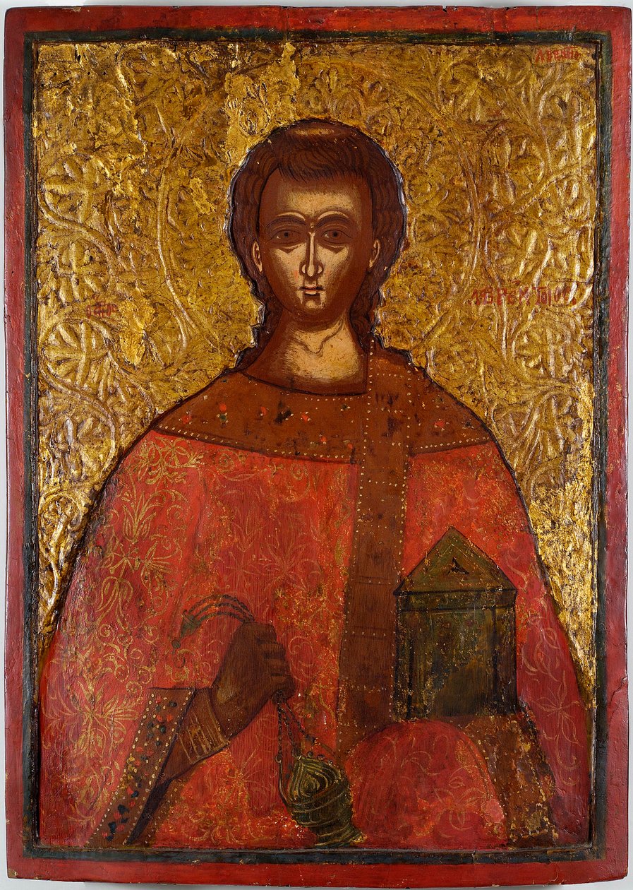 Saint Laurent (Saint Lawrence) - Ikon av Konstantinos Adrianoupolitis (aktivt 1600-tall), tempera på tre av Konstantinos Adrianoupolitis