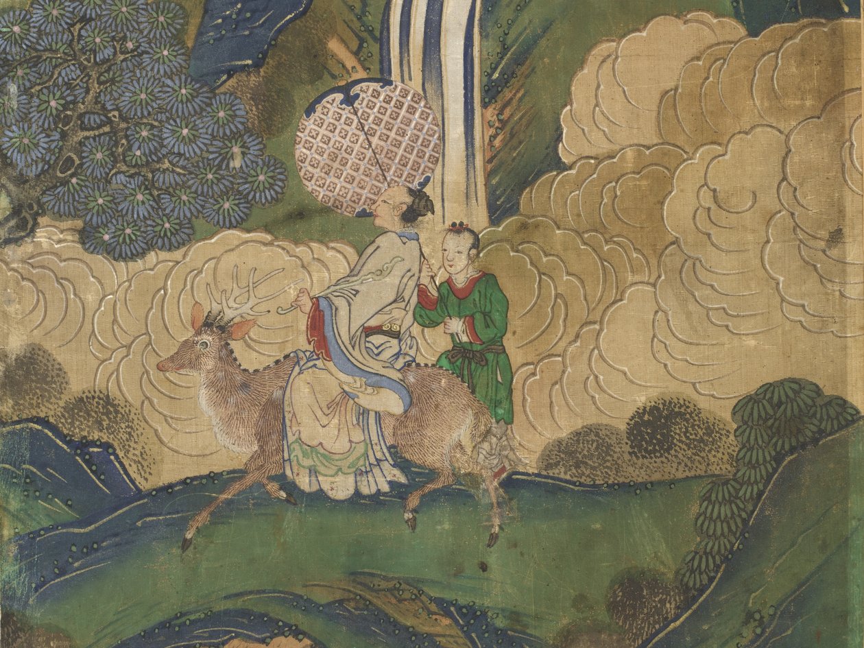 Gjesten ankommer, detalj fra The Banquet of Seowangmo, ca. 1800 (blekk, farge og gull på silke) av Korean School