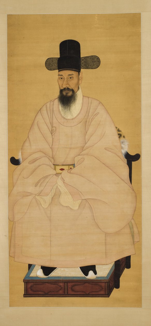 Portrett av en stipendiat i en rosa kappe, 1800-tallet (hengende rulle, blekk og farge på silke) av Korean School
