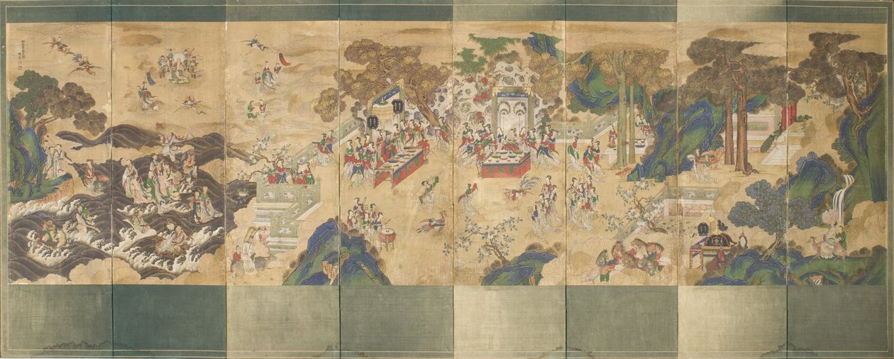 Banketten i Seowangmo, ca. 1800 (blekk, farge og gull på silke) av Korean School