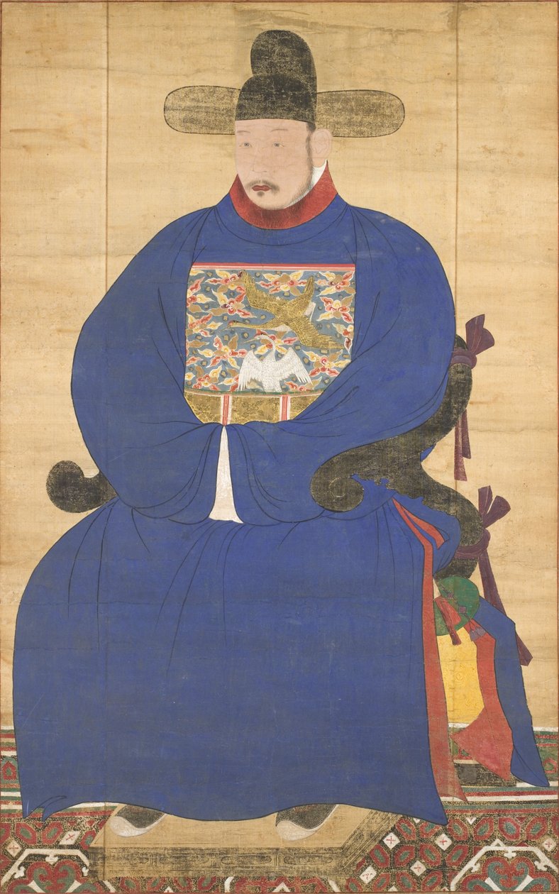 Portrait of a Meritorious Subject, 1700-tallet (hengende rulle montert som panel, blekk og farge på silke) av Korean School