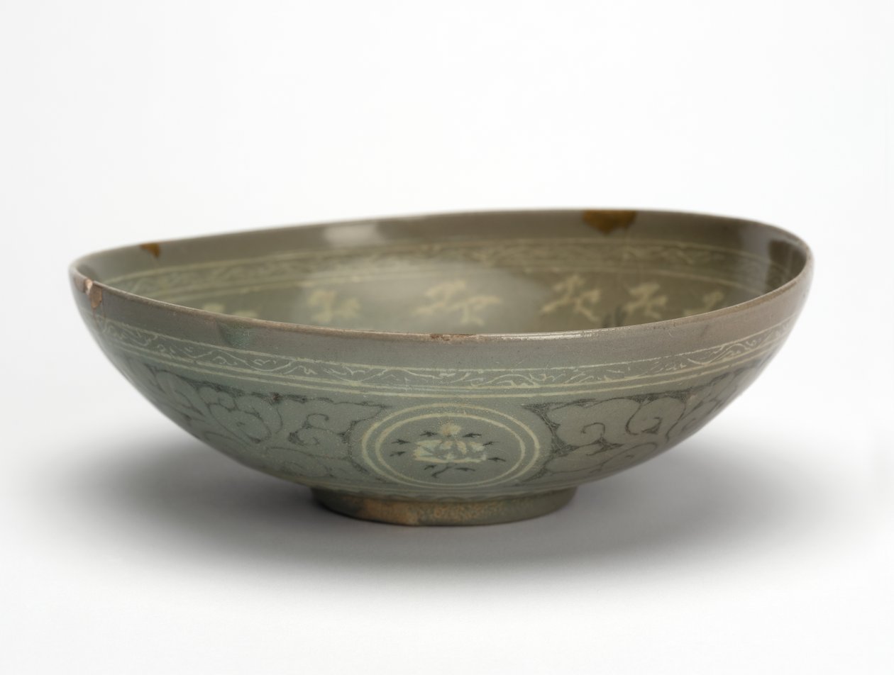 Skål med kraner og skyer, ca. 1150-1200 (celadonglasert steintøy) av Korean School