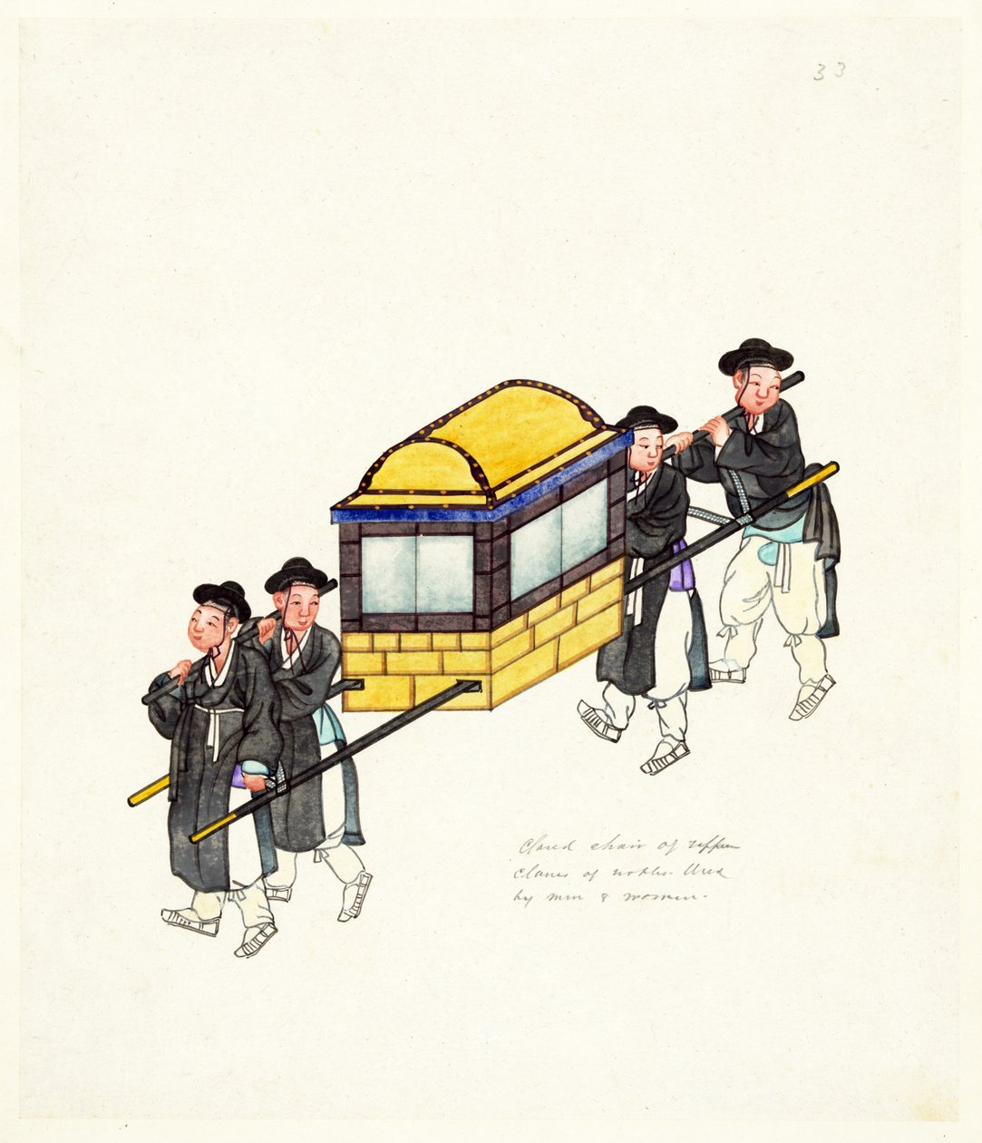 Eksempel på en lukket Palanquin, publisert ca. 1890 (håndfarget gravering) av Korean School