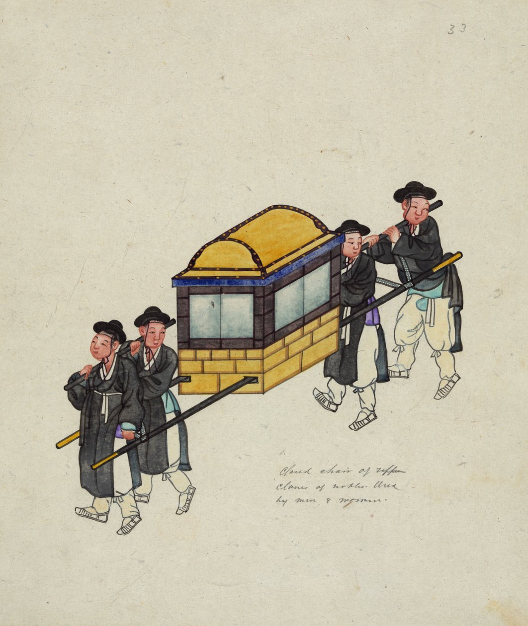 Fire bærere som bærer en tjenestemann i en "gama" eller palanquin, ca. 1890 av Korean School