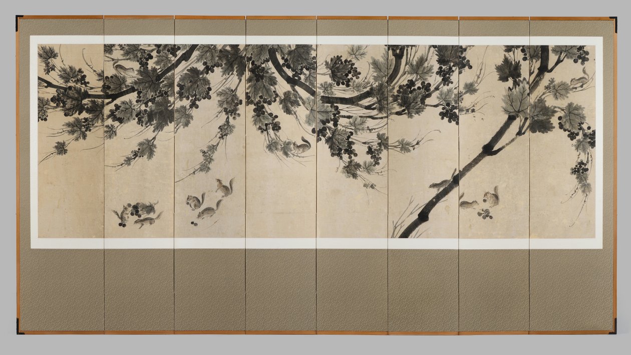 Grapevines and Chipmunks, ca. 1800 (Åtte panelskjerm: blekk på papir) av Korean School