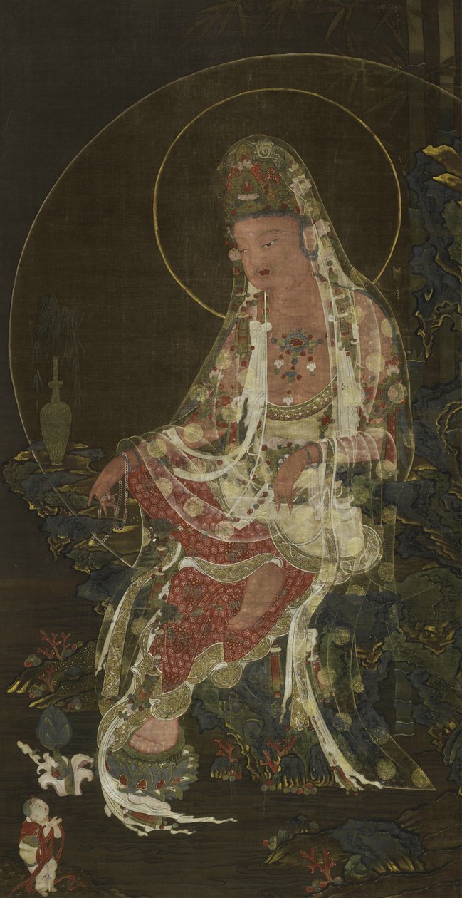 Hengende rulle som viser en Bodhisattva Avalokiteshvara (Kwanseûm Posal) med pilegren som sitter i en Paradise Garden, Koryô-dynastiet (blekk, farge og gull på silke) av Korean School