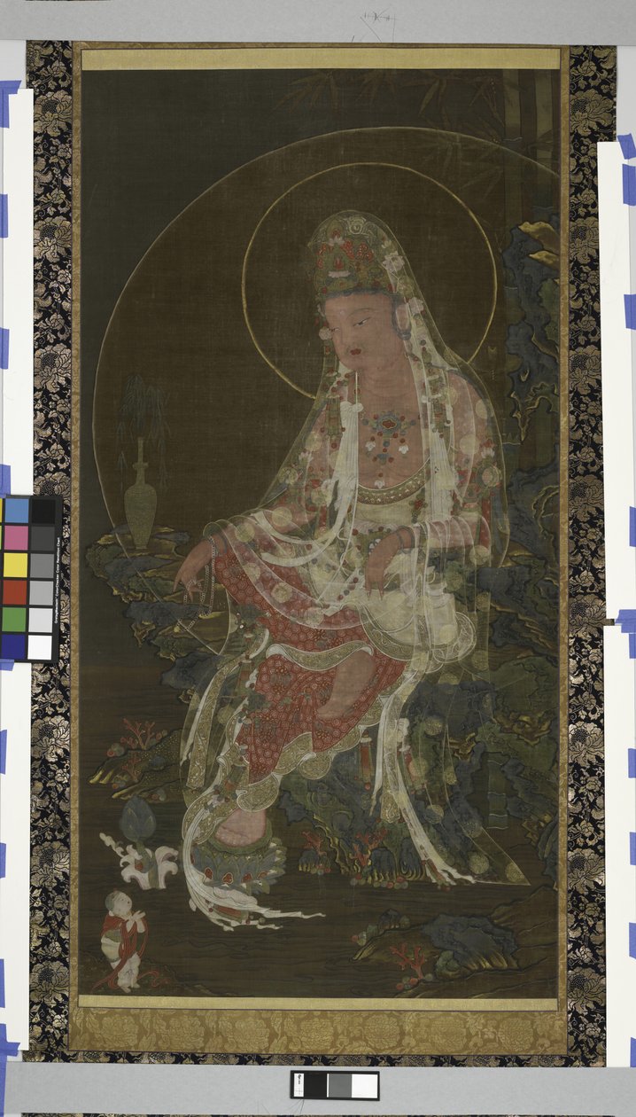 Willow-Branch Bodhisattva Avalokiteshvara (Kwanseûm Posal) Sittende i en paradishage, Koryo-dynastiet (blekk, farge og gull på silke) av Korean School