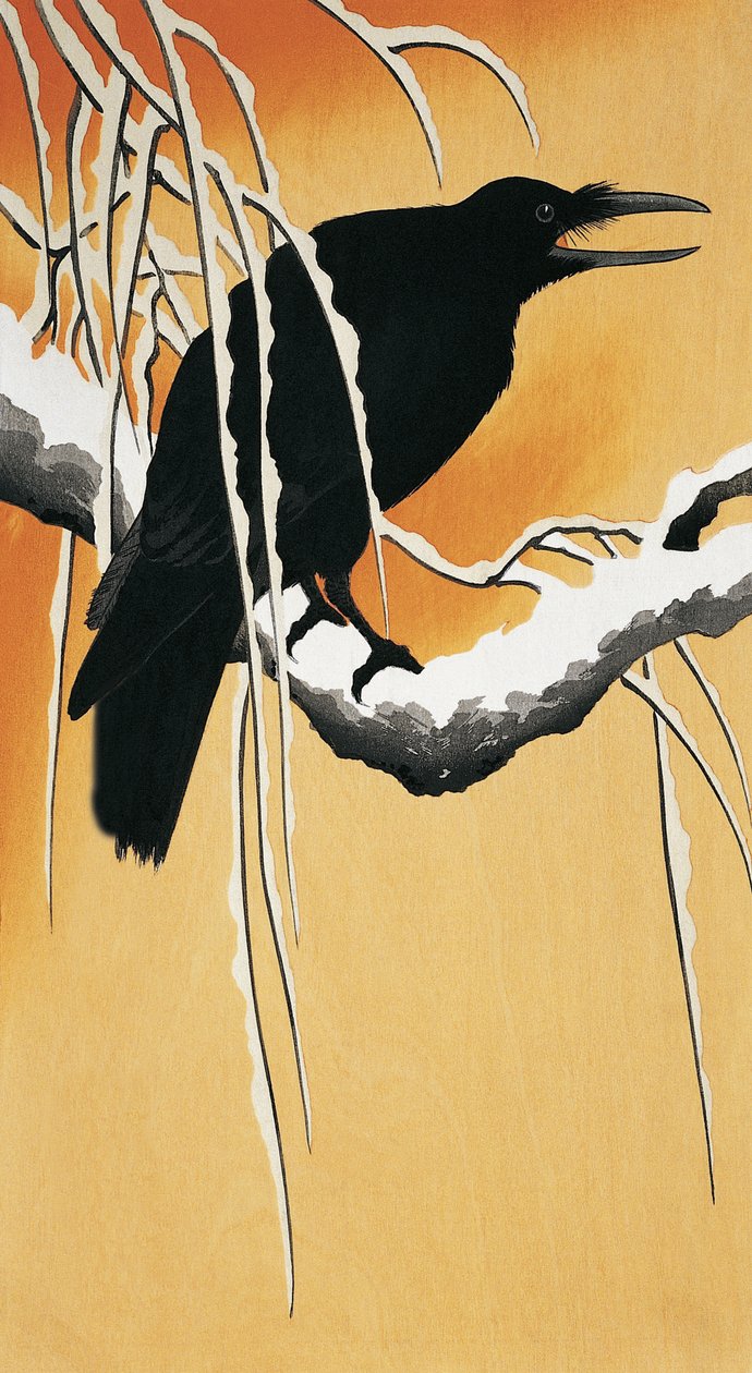 Ravn som sitter på en gren (Corvus corax) av Ohara Koson
