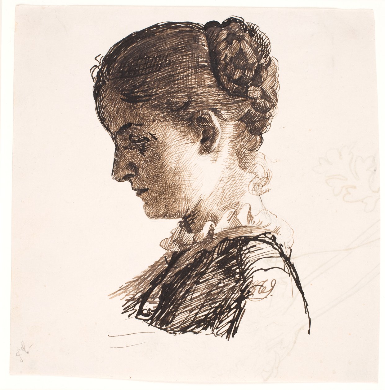 Kunstnerens søster Elisabeth. Profil t.v. Fletter frisyre av Kristian Zahrtmann