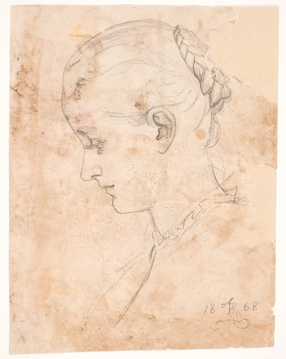 Kunstnerens søster Elizabeth. Profil t.v. Fletter frisyre av Kristian Zahrtmann