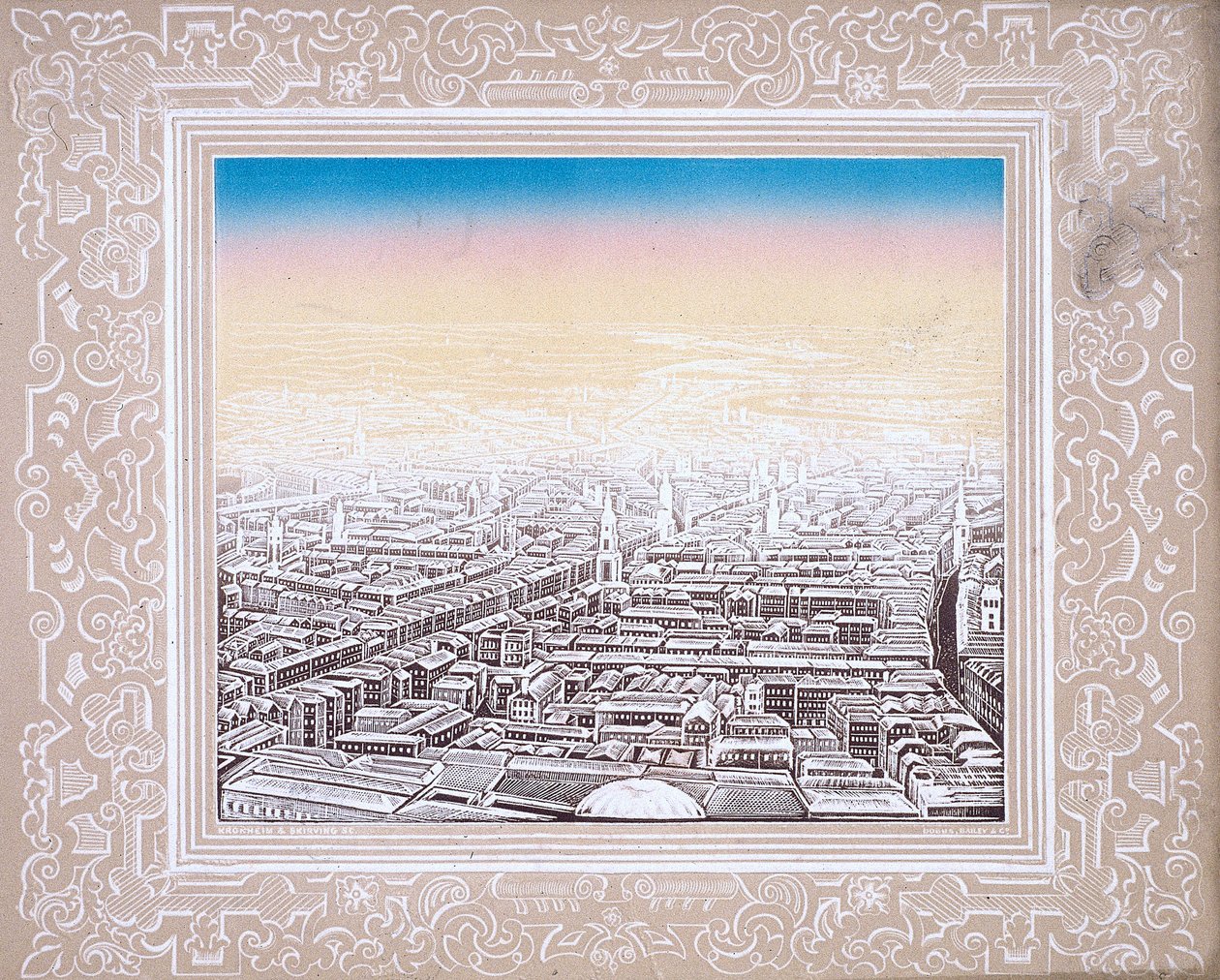 Luftfoto av London innrammet i en dekorativ kant, c1845 av Kronheim and Co