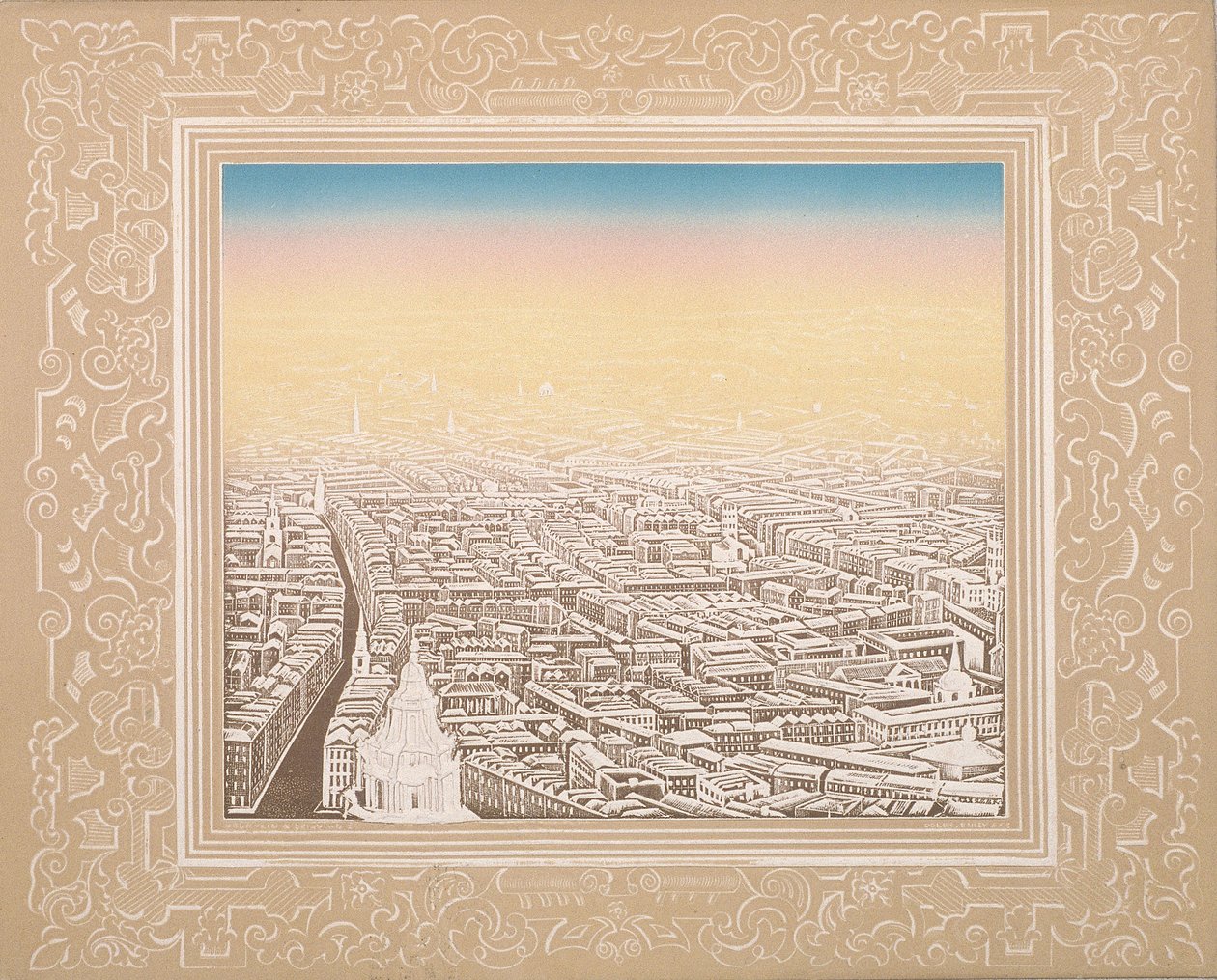 Luftfoto av London innrammet i en dekorativ kant, c1845 av Kronheim and Co
