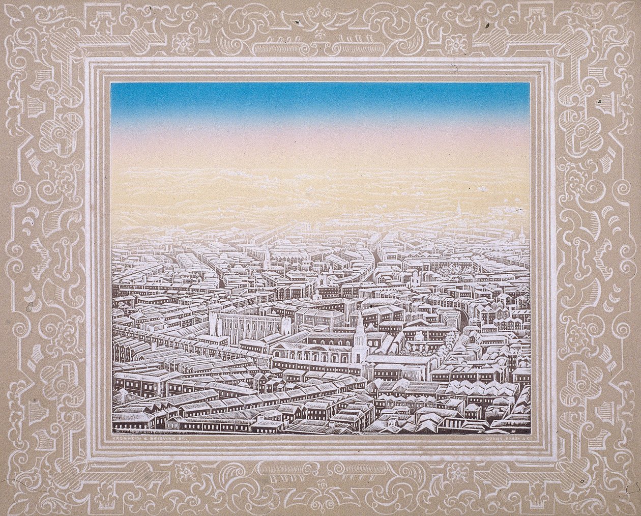 Luftfoto av London med dekorativ kant, c1845 av Kronheim and Co