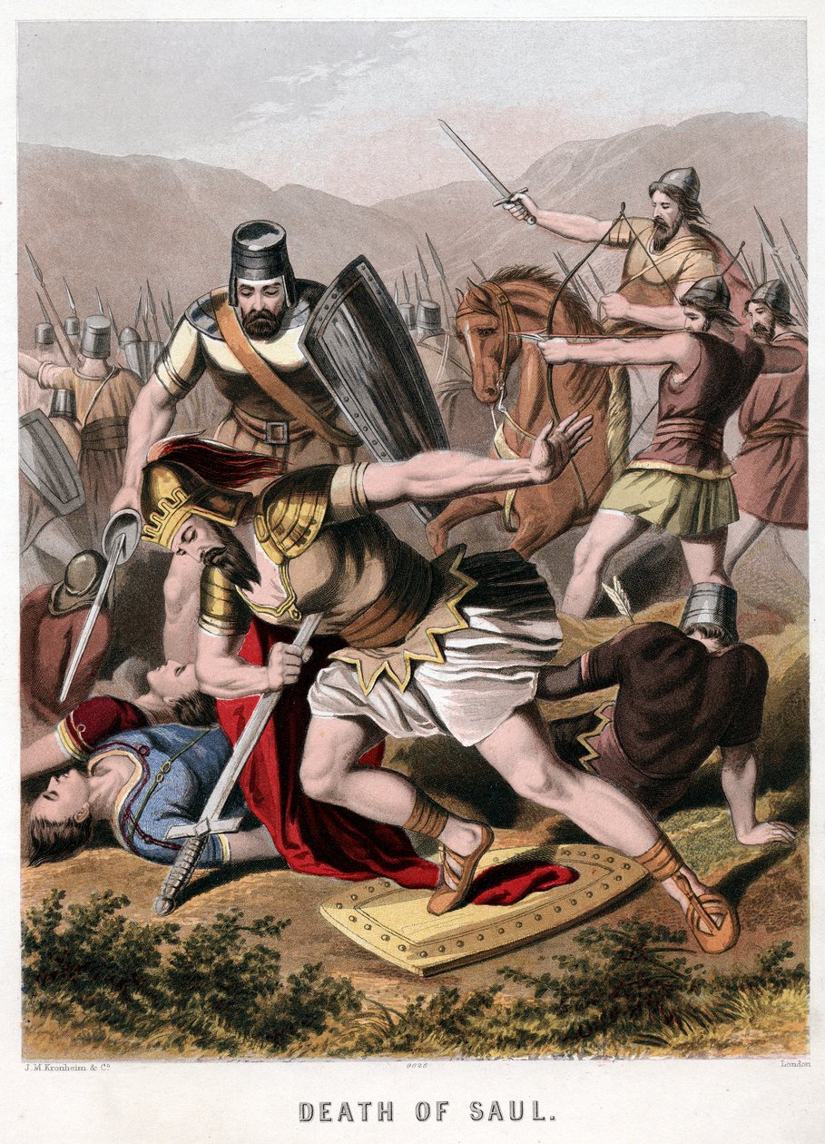 Saul og hans rustningsbærers død i kamp med filistrene, 1870 av Kronheim and Co