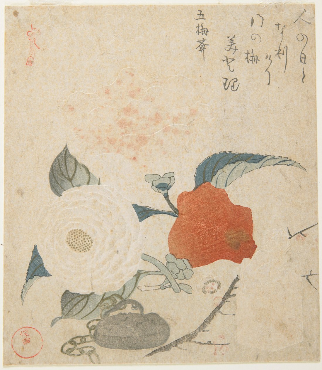 (Plommegren, en peonblomst og et metallsegl) av Kubo Shunman