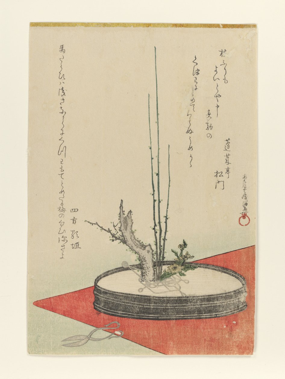 Arrangement av plomme, Fukujusō (adonis) og saks av Kubo Shunman