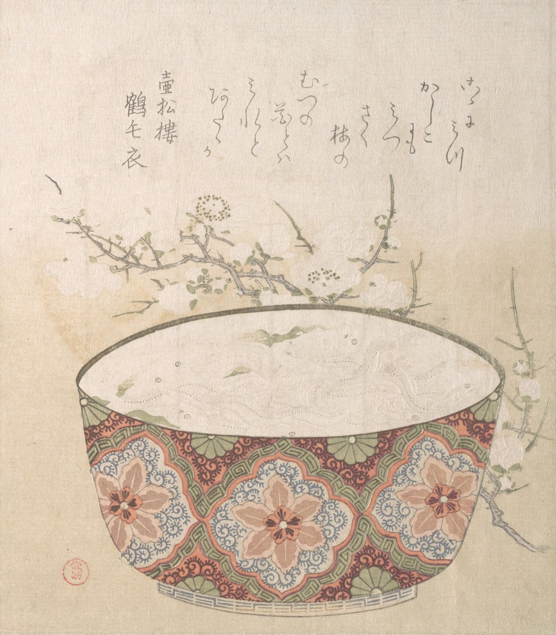 Skål med hvitbaits og plommeblomster, 1800-tallet. av Kubo Shunman
