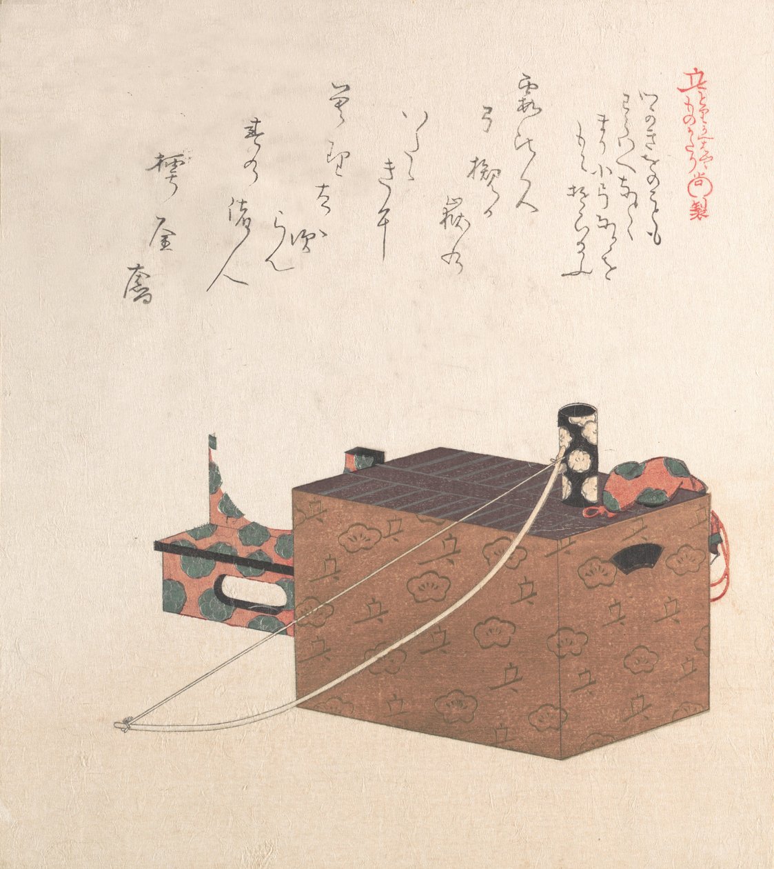 Box for Sugoroku Game A Kind of Backgammon, Bow and Drum, 1800-tallet. av Kubo Shunman