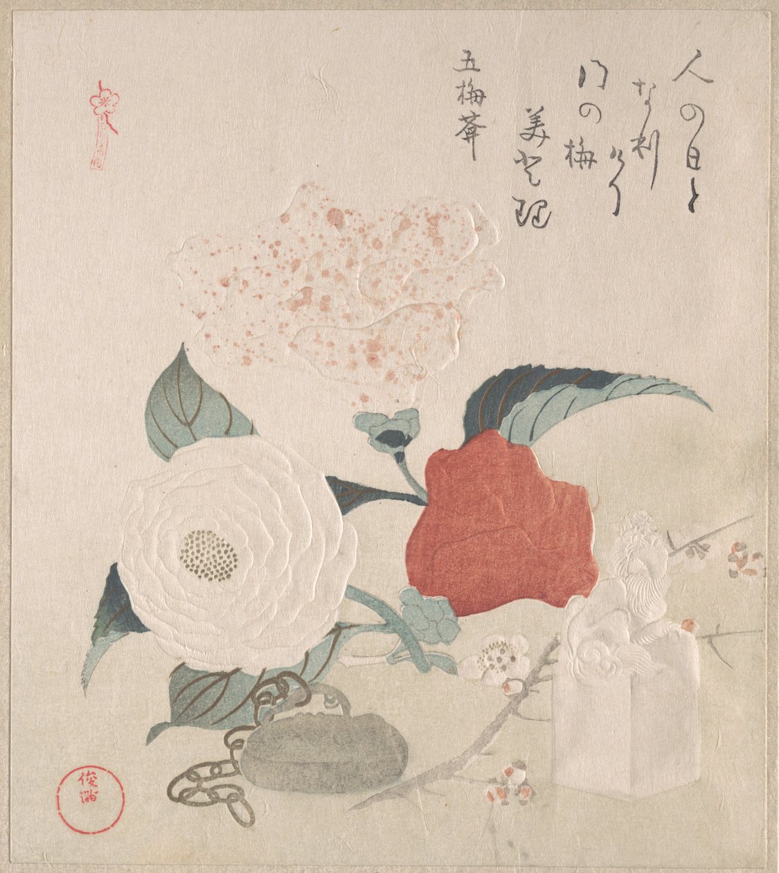 Kamelia-blomster, en netsuke og et segl av Kubo Shunman