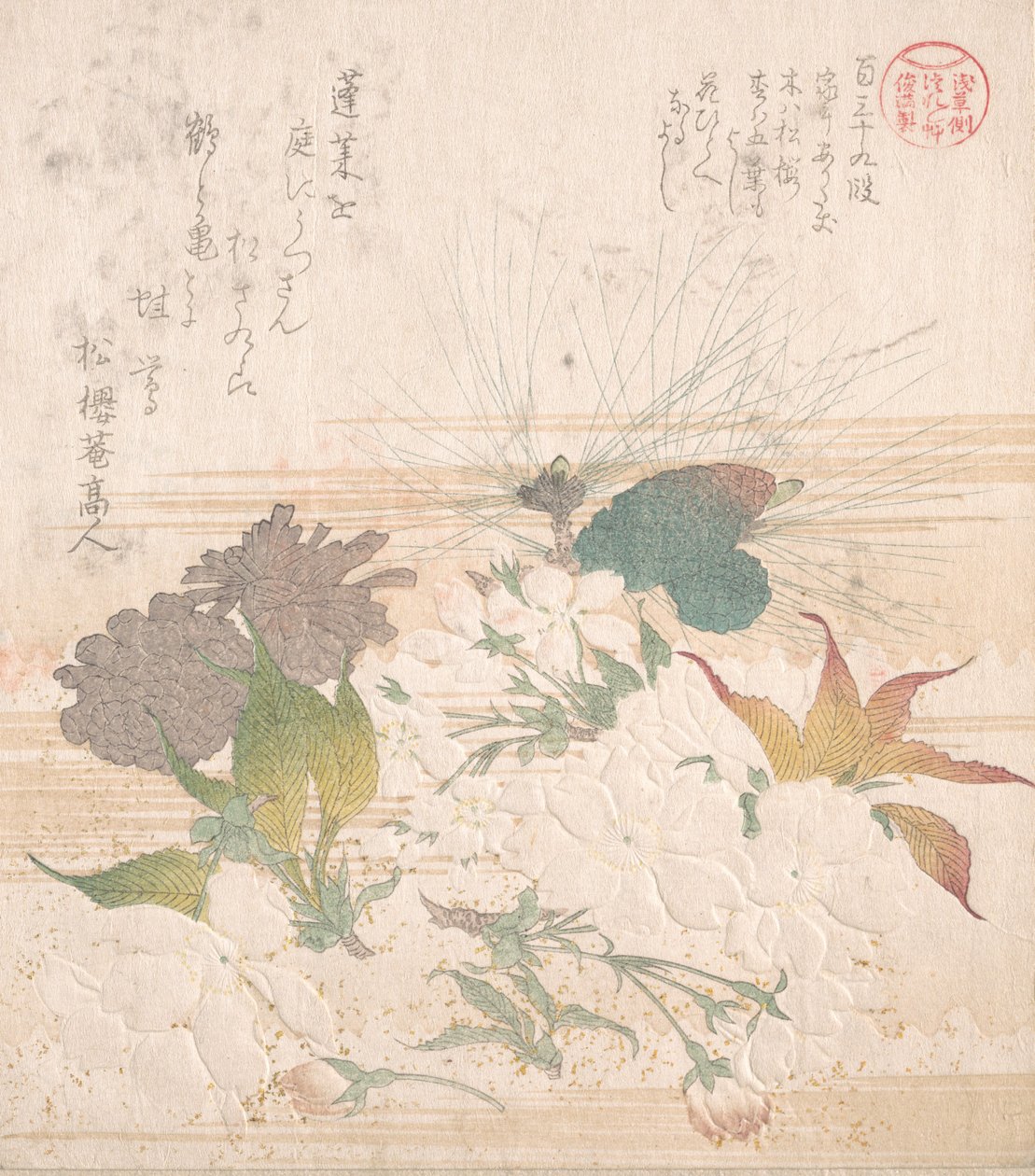 Kirsebærblomster og furukongler, 1800-tallet. av Kubo Shunman