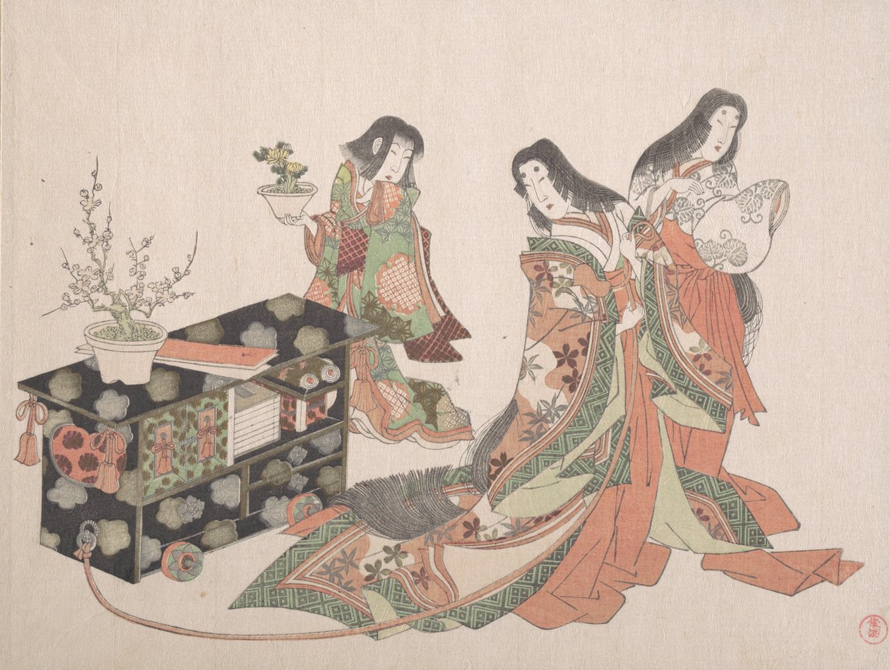 Hofdamer som drar et skap langs gulvet, 1800-tallet. av Kubo Shunman