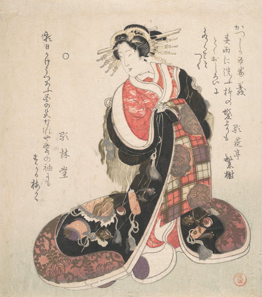 Courtesane kledd i en forseggjort kjole brodert med lykkeemblemer, ca. 1800. av Kubo Shunman