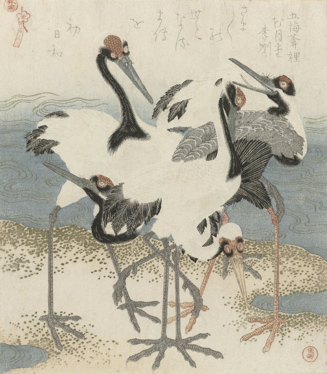 Traner ved vannet, ca. 1816 (fargetresnitt) av Kubo Shunman