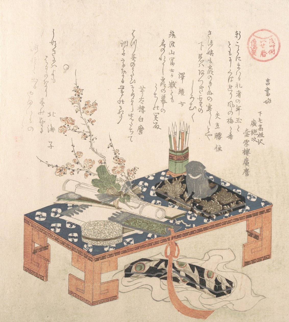 “Skrivebord med skrivesett og plommeblomster,..., sannsynligvis 1814 Hundens år. av Kubo Shunman
