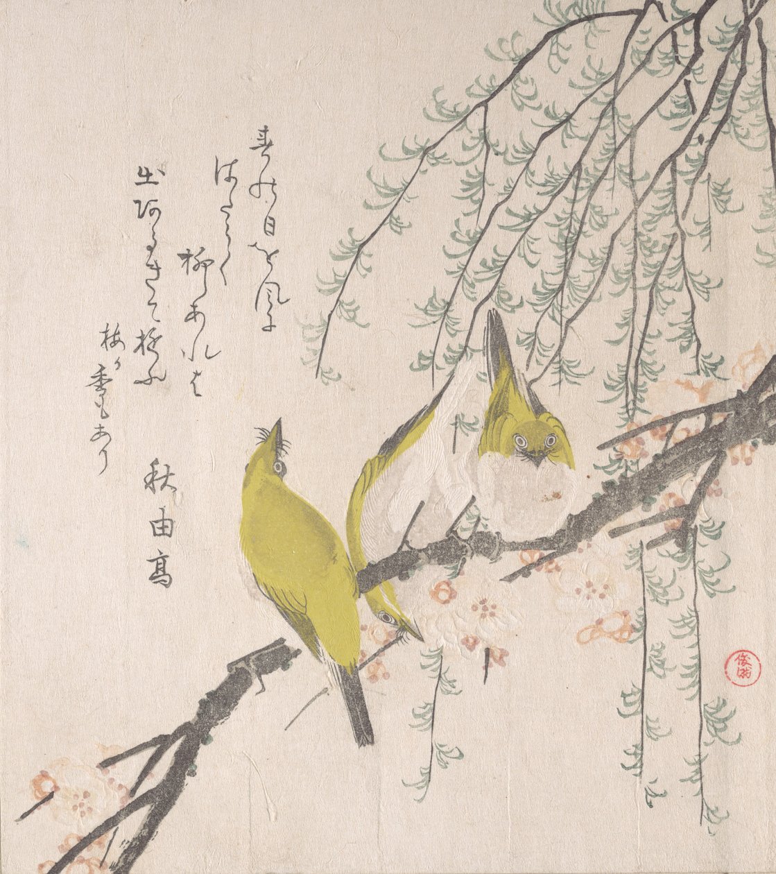 Japanske hvite øyne med plommetre og pil..., ca. 1810. av Kubo Shunman