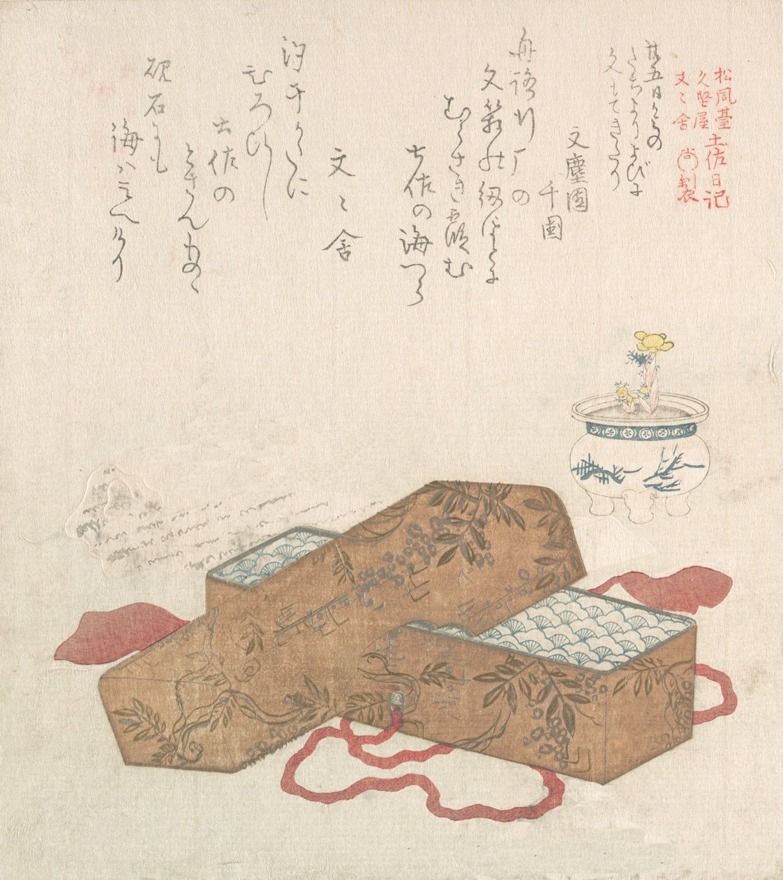 Brevkasse med brev og potteblomst, 1800-tallet. av Kubo Shunman