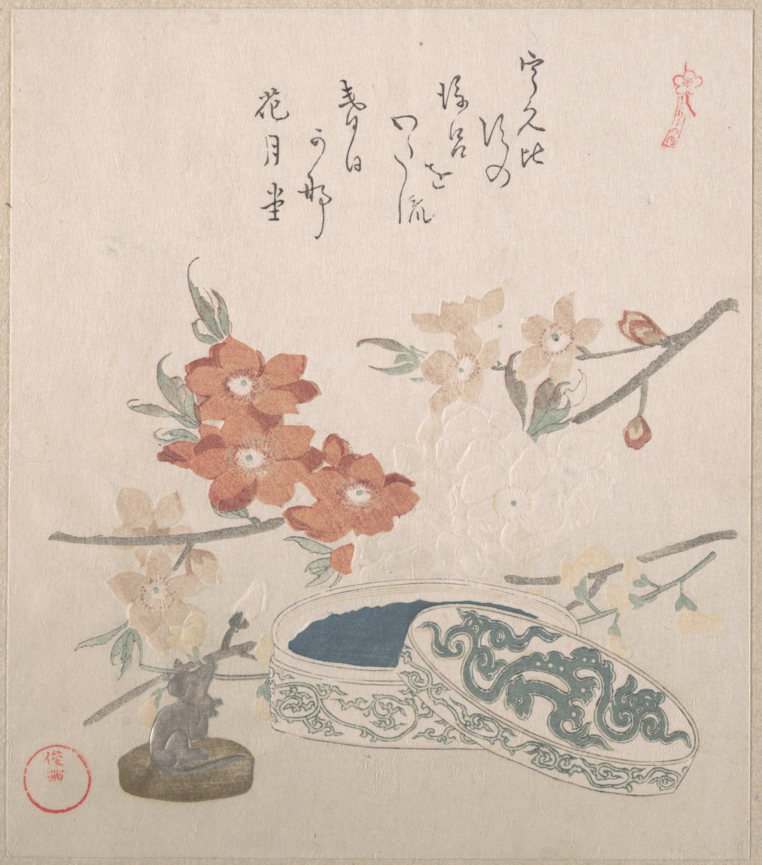Ferskenblomster, et segl og en segleske av Kubo Shunman