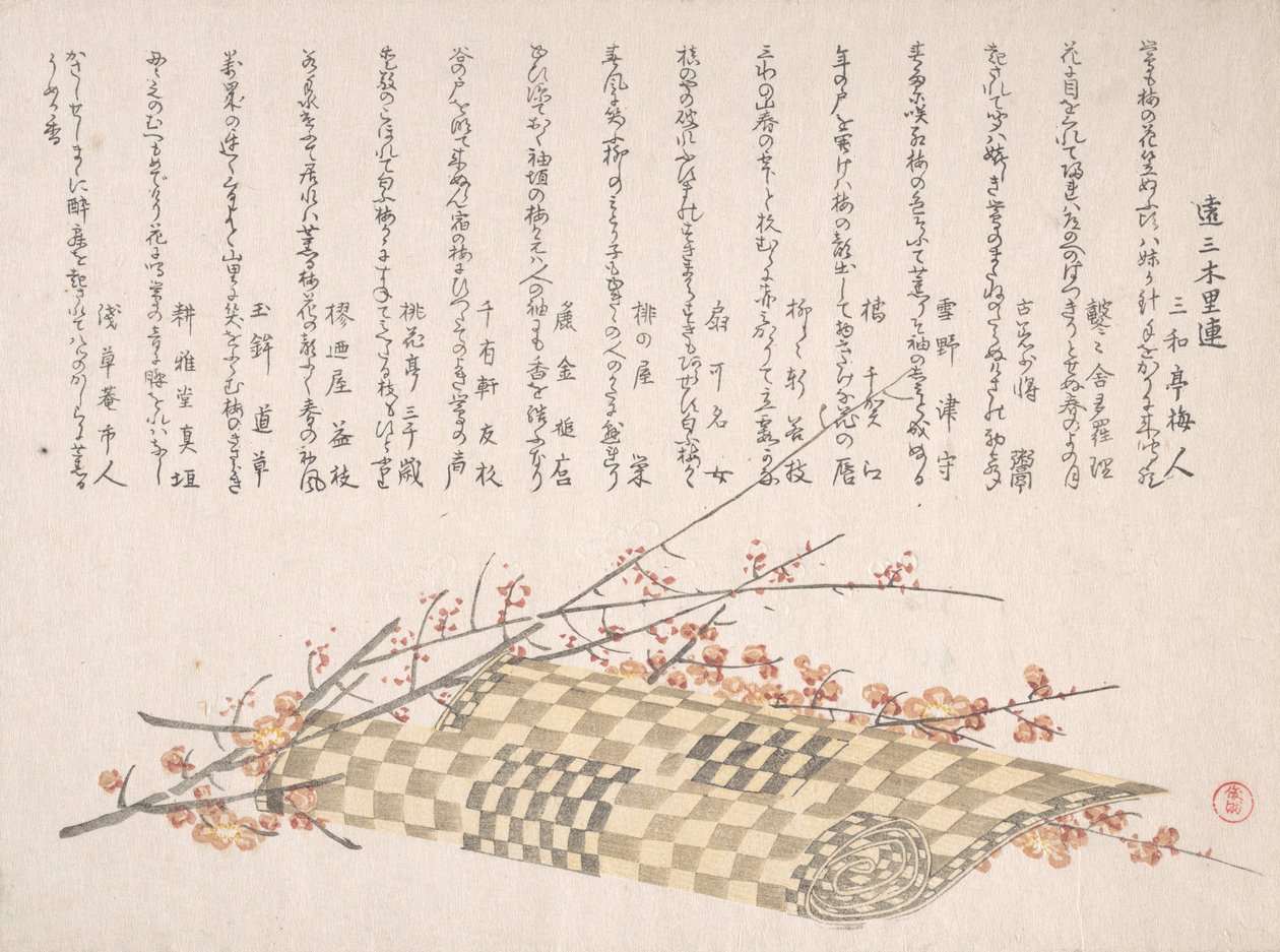 Plommegrener med blomster og en rullematte, 1800-tallet. av Kubo Shunman