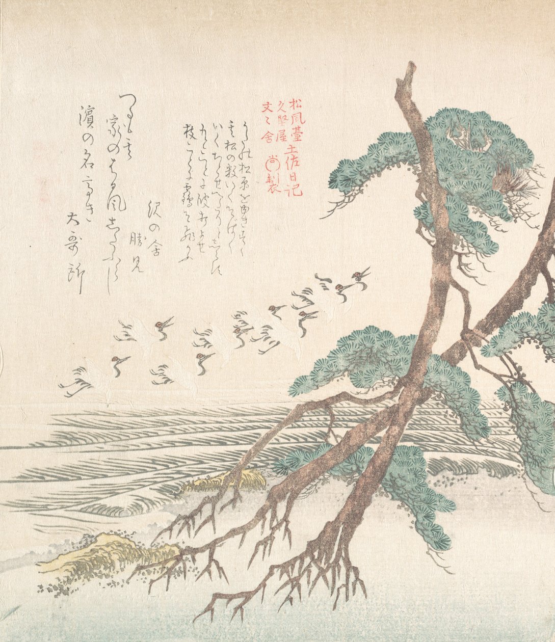 Havsidelandskap med furutrær og flygende traner, 1800-tallet. av Kubo Shunman