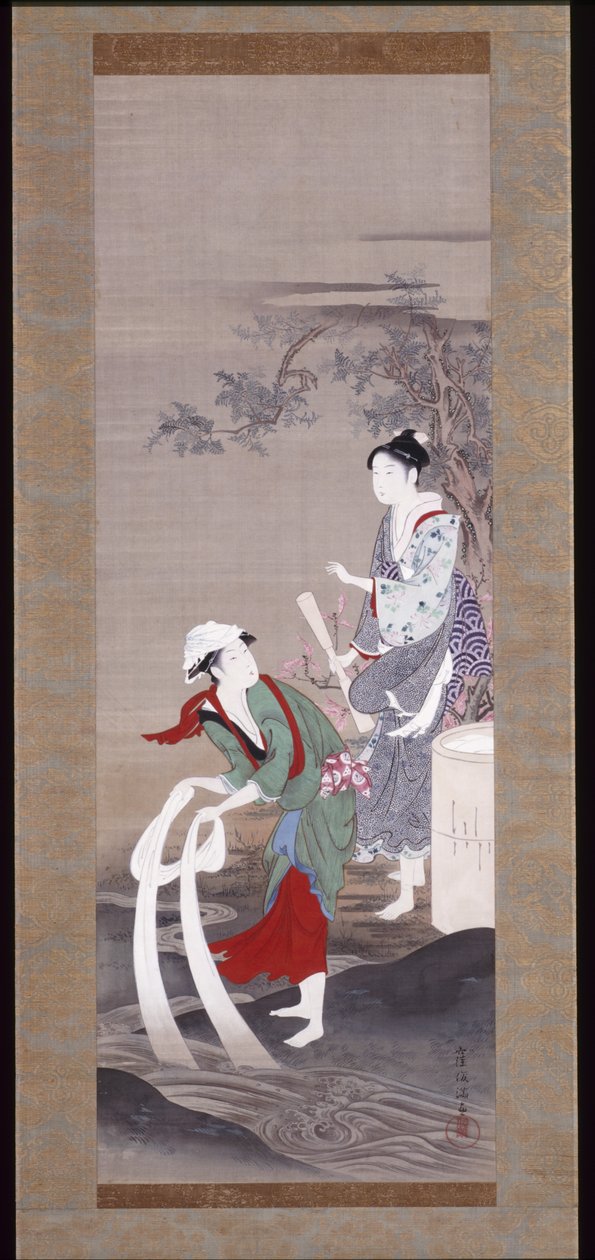 Two Beauties At The Tamagawa (Crystal River) In Mishima (blekk, gofun og farge på silke) av Kubo Shunman