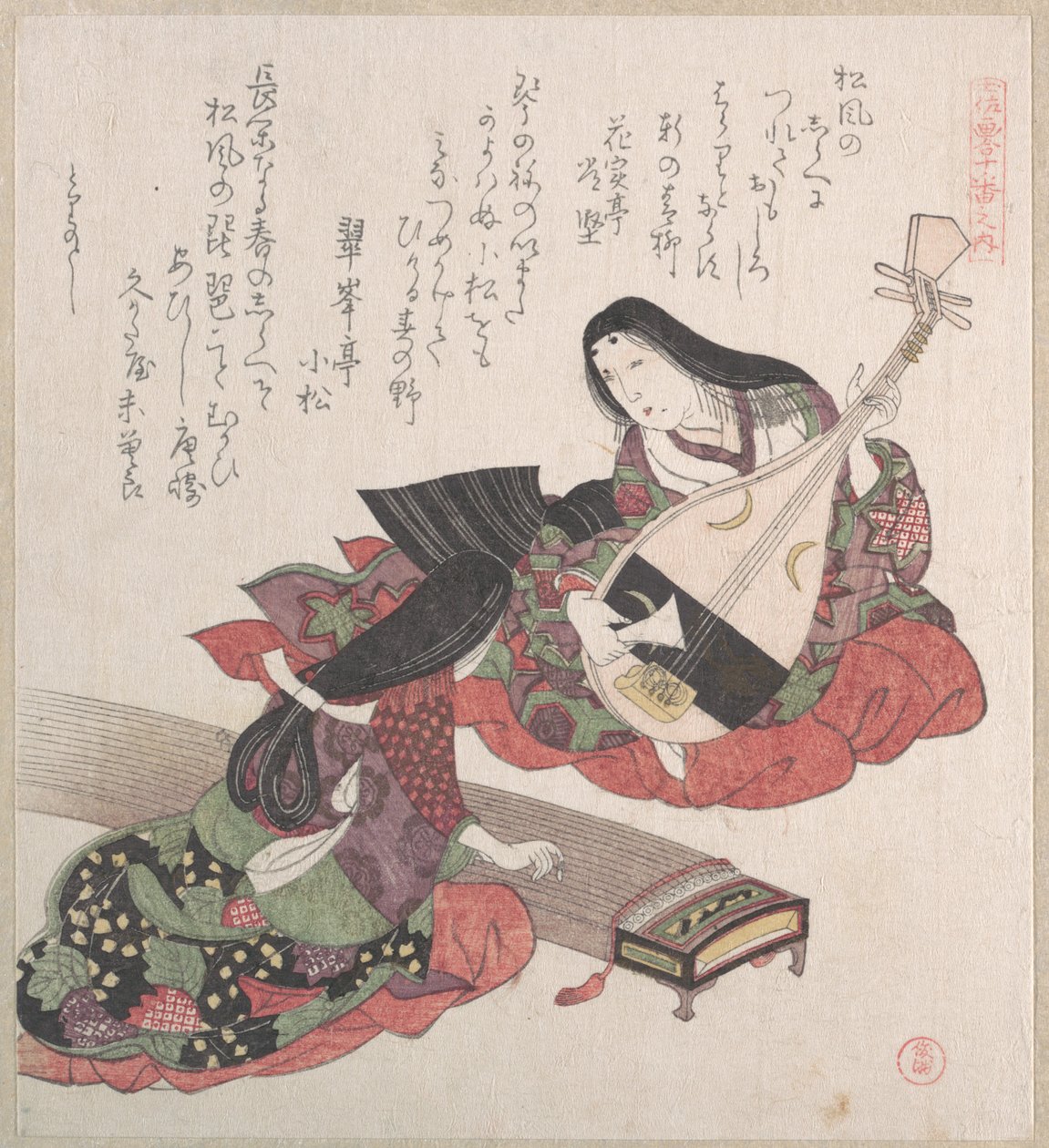 To damer; den ene spiller biwa (japansk lutt), og den andre koto (japansk harpe) av Kubo Shunman