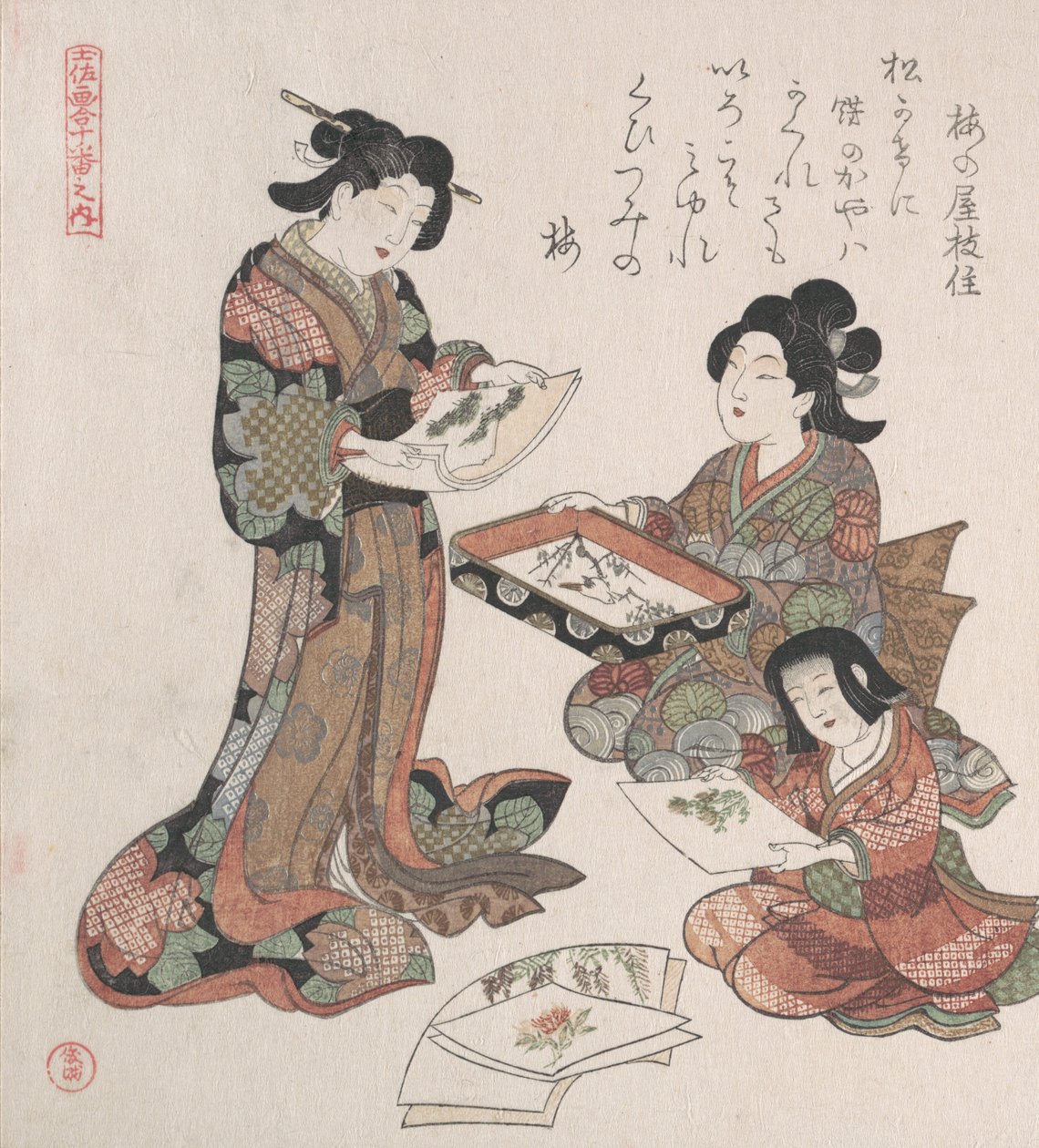 To kvinner og en jente ser på malerier, sannsynligvis 1815. av Kubo Shunman