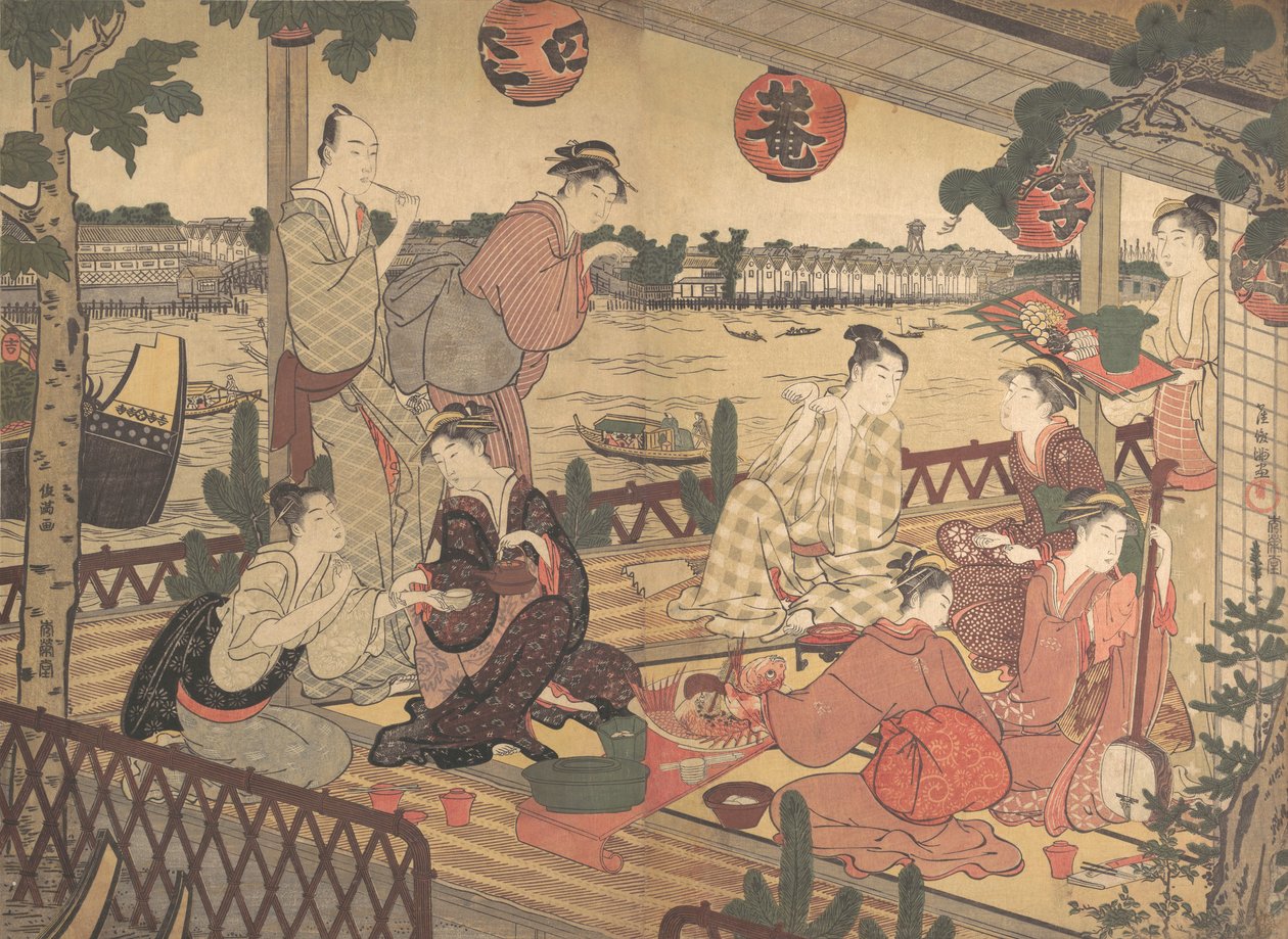 To unge menn og flere kvinner som spiser på et tehus på bredden av elven Sumida, ca. 1788. av Kubo Shunman