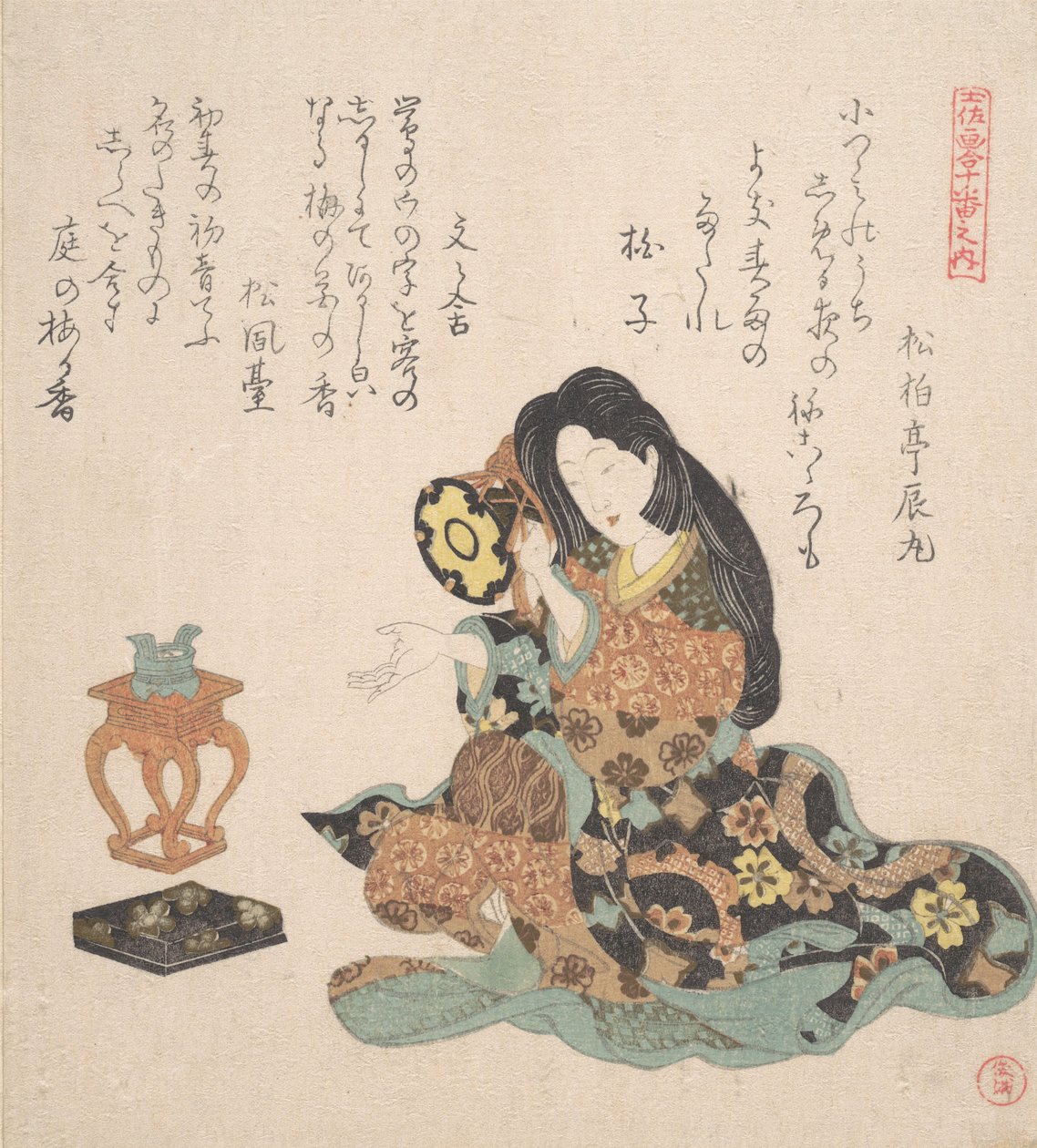 Kvinne som spiller Tsuzumi, ca. 1800. av Kubo Shunman