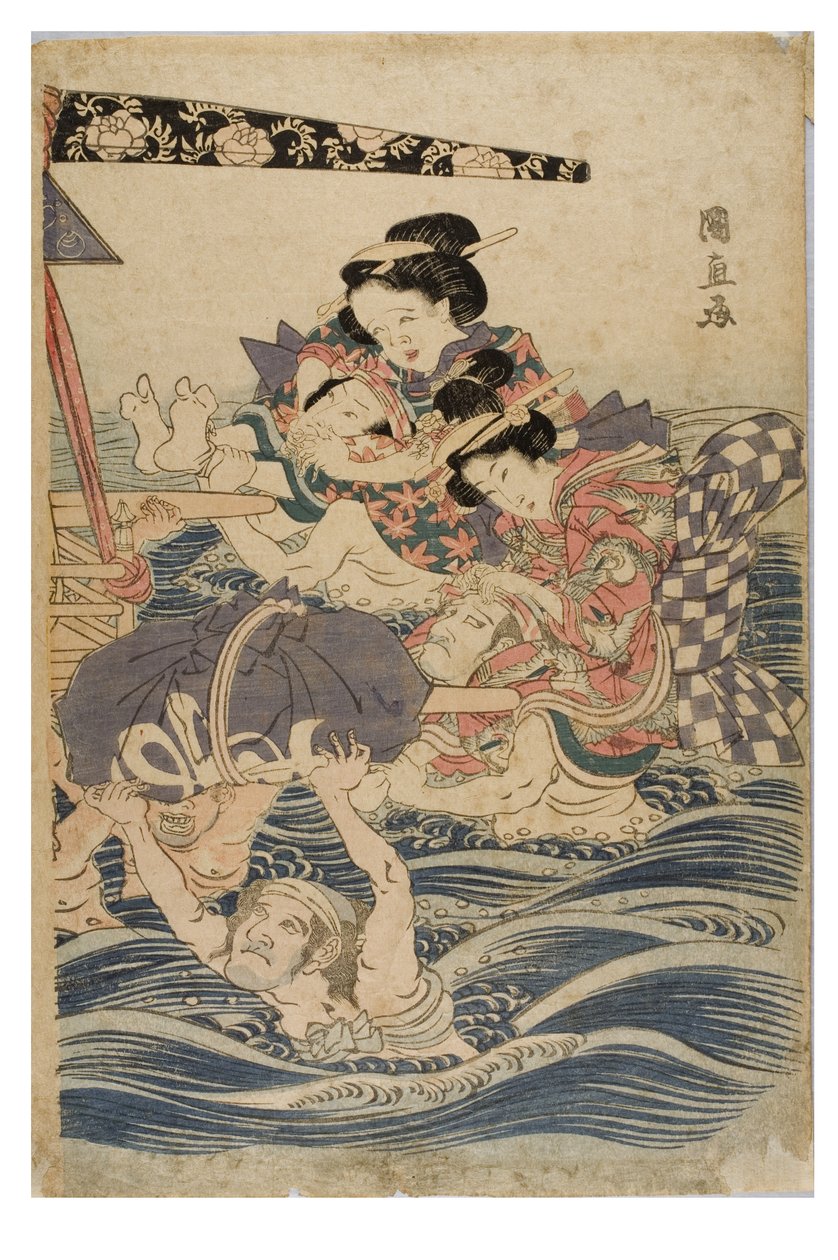 Vårscene av unge kvinner på reise, ca. 1786-1864 (treblokktrykk på papir) av Kuninaga Utagawa