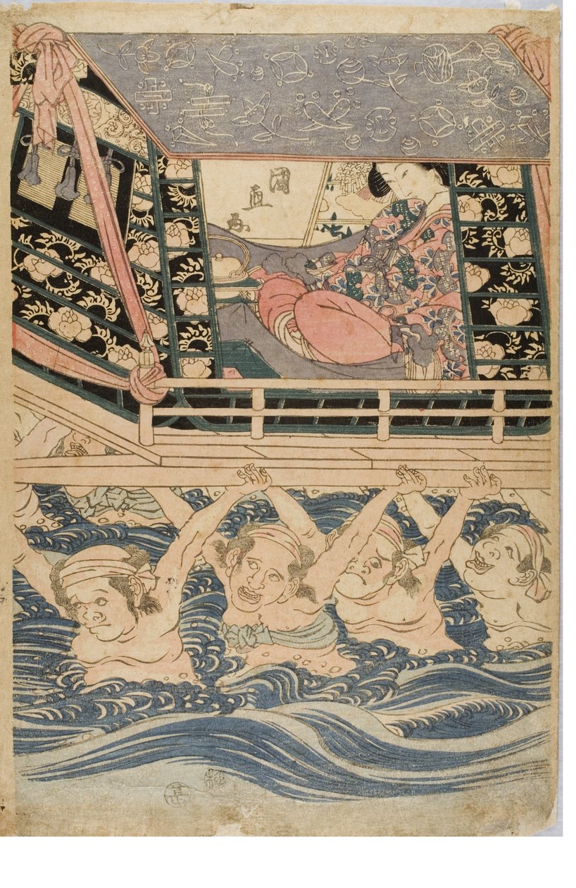 Vårscene av unge kvinner på reise, ca. 1786-1864 (treblokktrykk på papir) av Kuninaga Utagawa