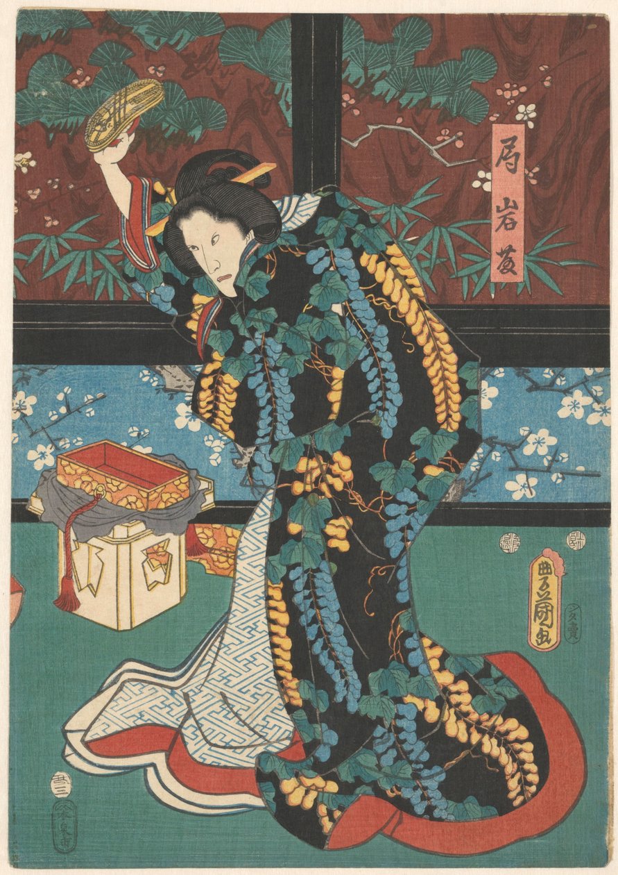 Scene fra Play The Mirror Mountain Court-dame Iwafuji med sandal i hånden av Kunisada (I) , Utagawa