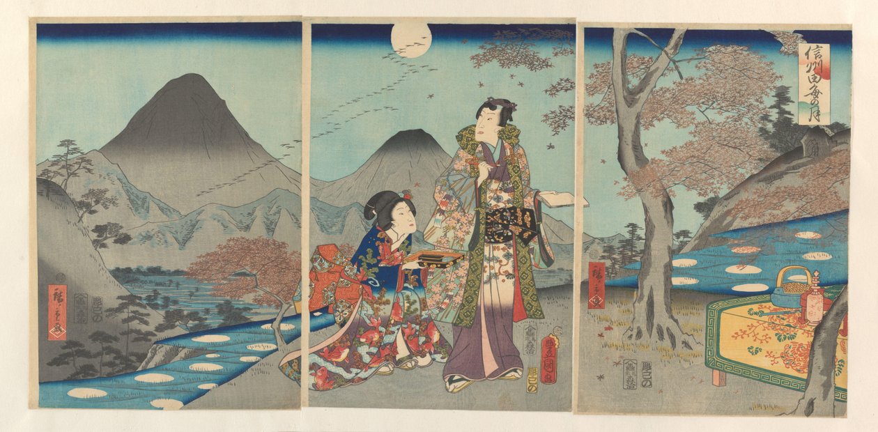 Månen speilet seg i rismarkene i Shinano Shinshû tagoto no tsuki (tittel på objekt) av Kunisada (II) , Utagawa