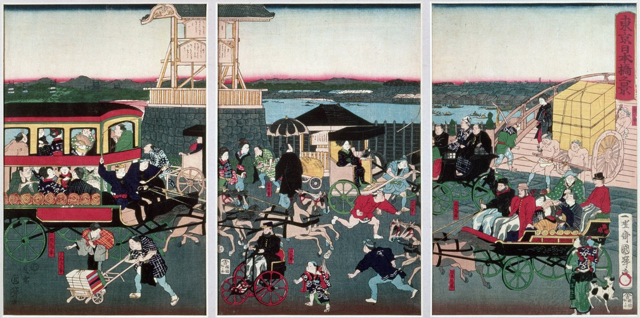 Utsikt over Nihonbashi i Tokyo, ca. 1870 (farget treblokk) av Kuniteru II Utagawa