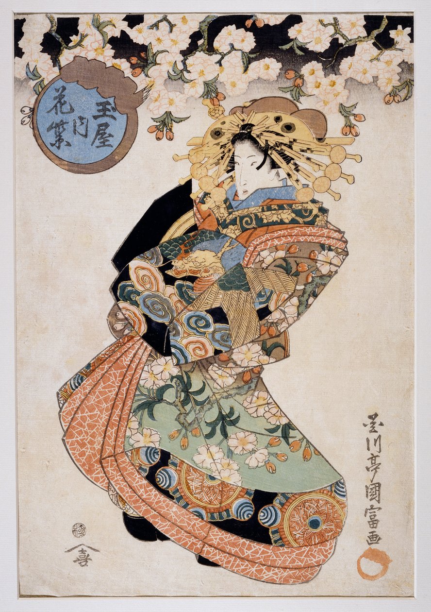 Courtesane Hanamurasaki fra Tamaya tehus, ca 1830, Ukiyo-e kunsttrykk av Utagawa Kunitomi (aktiv 1810-1830), Oban-tate-e tresnitt, 38,2x26,5 cm, japansk sivilisasjon av Kunitomi Utagawa