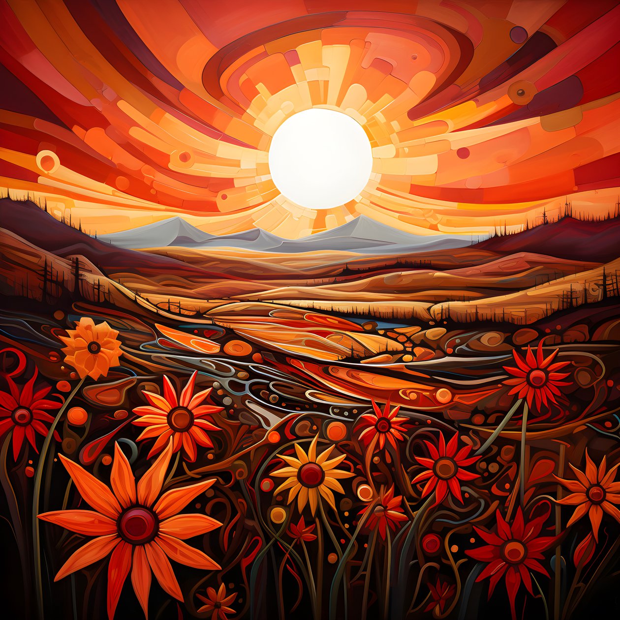 Abstrakt landskapskunst med et felt med markblomster og en dristig rød sol. 4 av Kurt Heppke