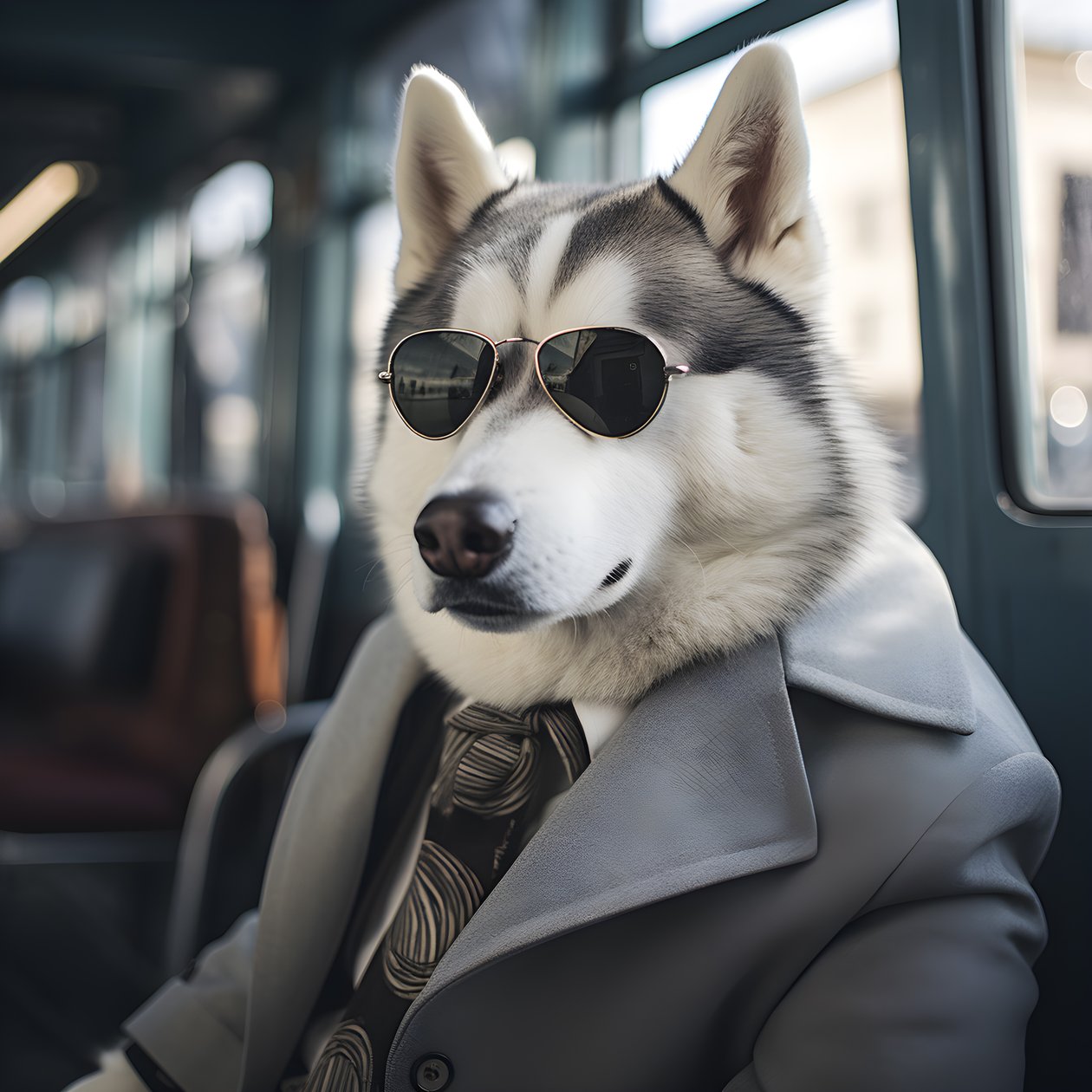 En Siberian Husky-hund i dress og solbriller på busstasjonen, som en gentleman 1 av Kurt Heppke