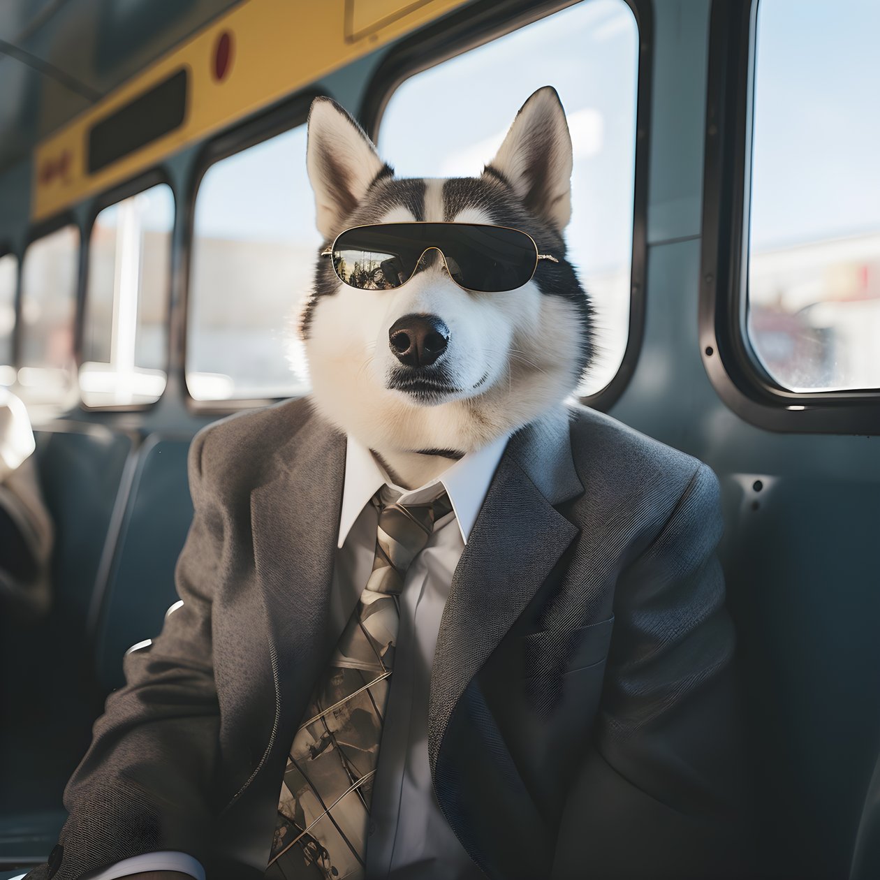 En Siberian Husky-hund i dress og solbriller på busstasjonen, som en gentleman 2 av Kurt Heppke