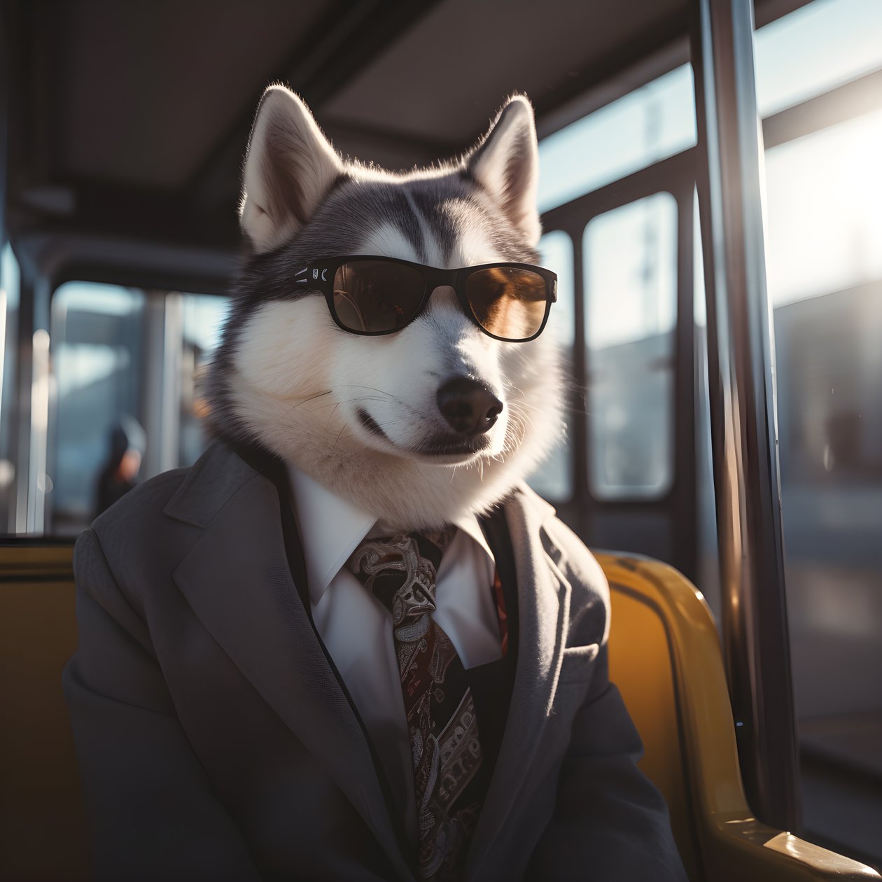 En Siberian Husky-hund i dress og solbriller på busstasjonen, som en gentleman 3 av Kurt Heppke