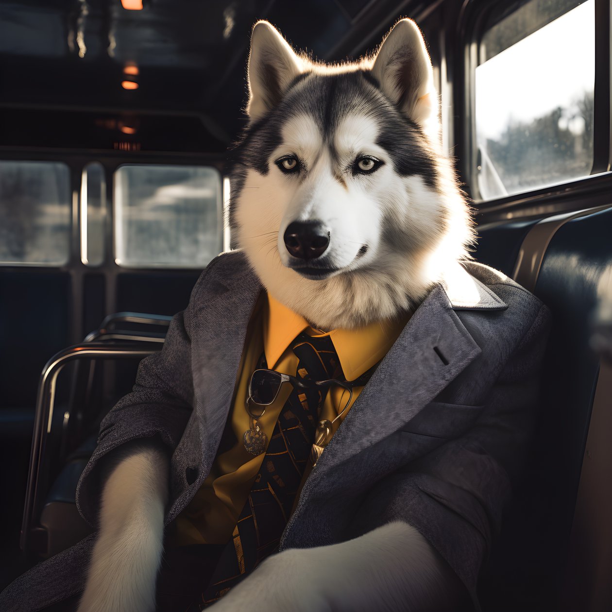 En Siberian Husky-hund i dress og solbriller på busstasjonen, som en gentleman 4 av Kurt Heppke
