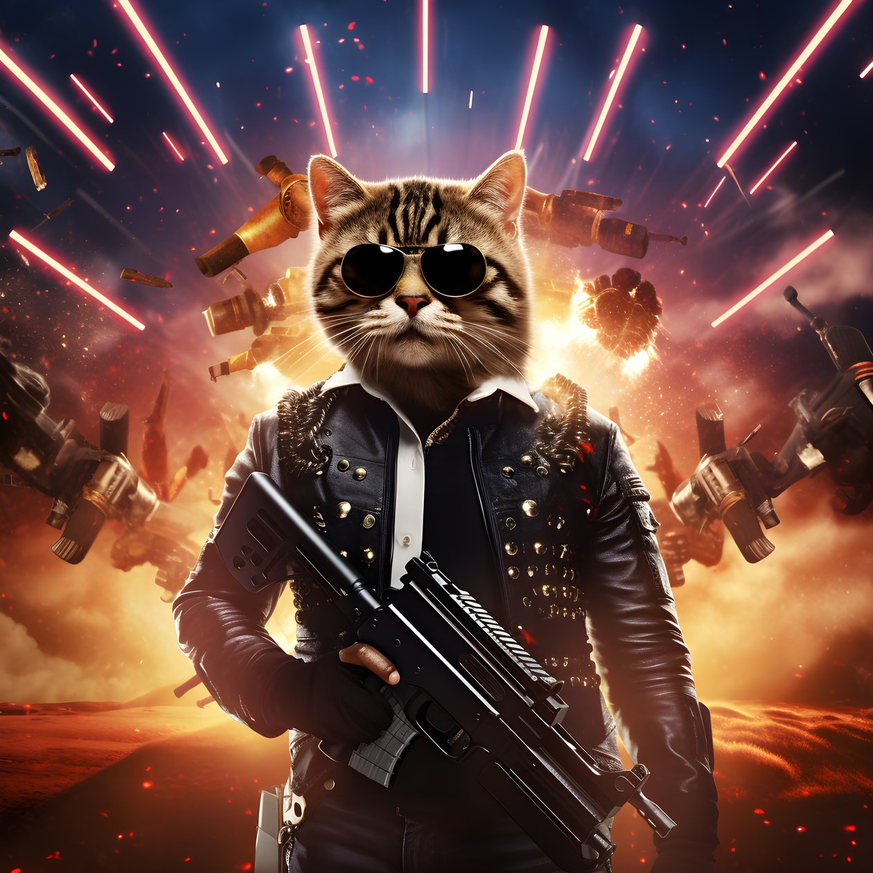 Filmplakat av en katt iført en svart-hvit prikkete skjorte og skinnende solbriller med eksplosjoner og kanoner i bakgrunnen 2 av Kurt Heppke